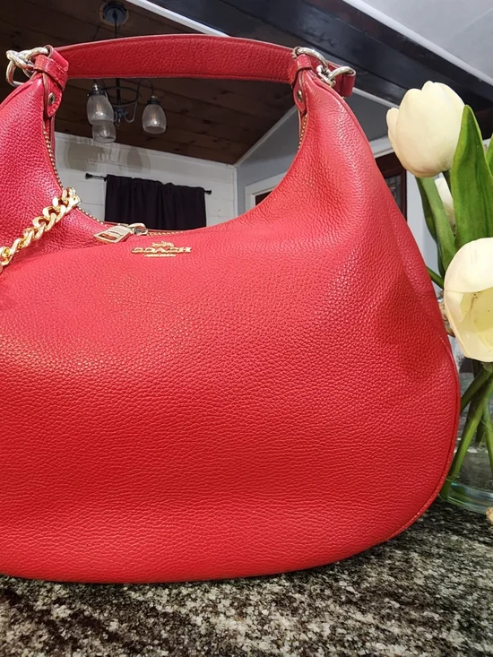 Coach Harley Hobo Pebbled Leather Shoulder Bag in Red-14×10×4.5 - Picture 5 of 9